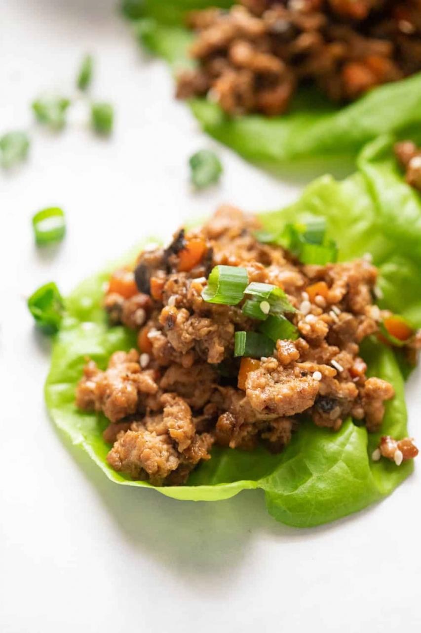 Closeup of a chicken lettuce wrap topped with spring onions