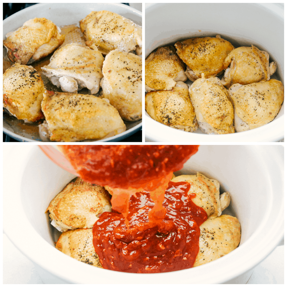 Browning the chicken thighs, placing them in the crockpot, and pouring the sauce on top.